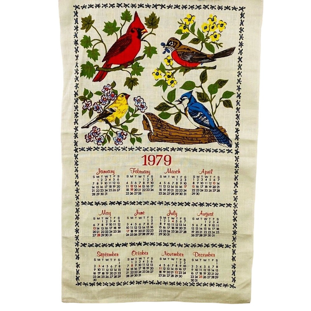 Vtg 1979 Calendar Tea Towel Birds Cardinal Robin Finch Jay Linen 17x27 Display